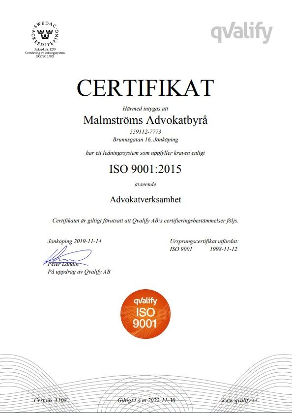 Certifikat tagit av Malmströms advokatbyrå i Jönköping